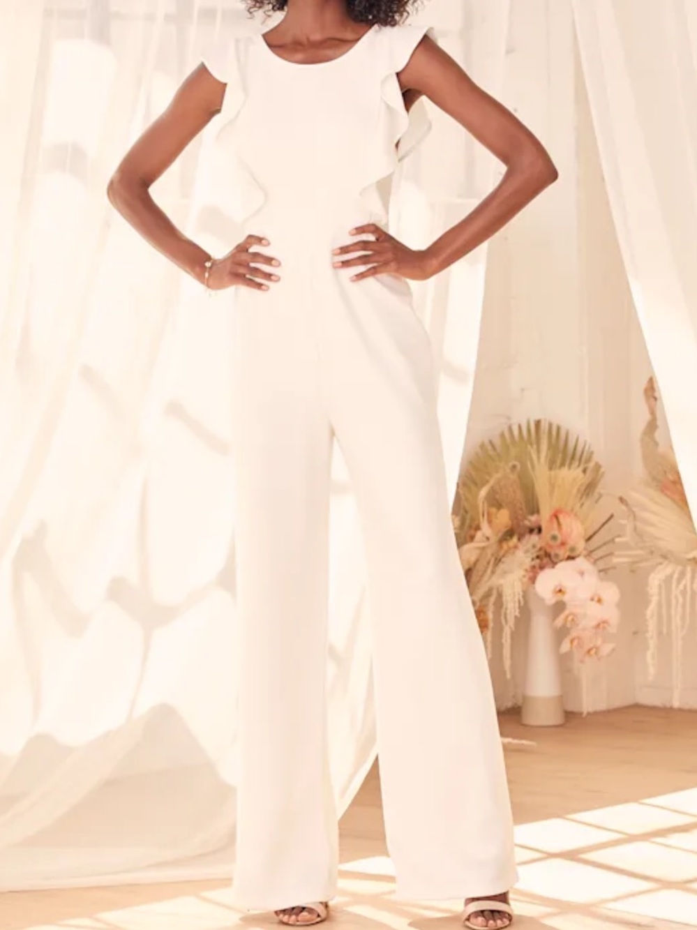 Lulu's Ivory Ruffle-Sleeve Wide-Leg Jumpsuit